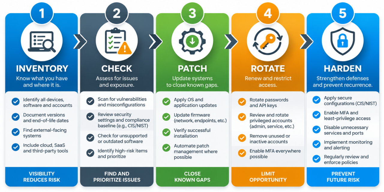 Five-step emergency patching checklist for critical vulnerabilities.