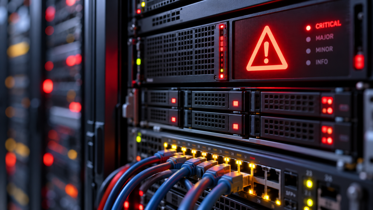 Network server rack representing a critical infrastructure security alert.